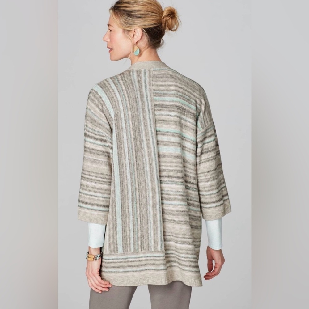 Linen-like J Jill cardigan. Muted blue/grey/tan tones. Size Small. EUC. - Picture 2 of 8